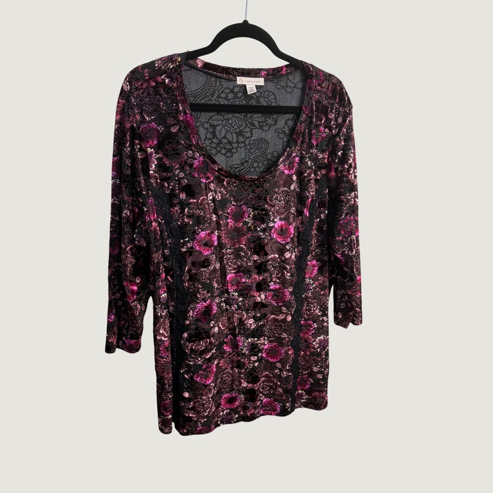 Floral Burnout Velvet Top Purple Black 2X Whimsigoth Boho Dark Romantic Witchy
